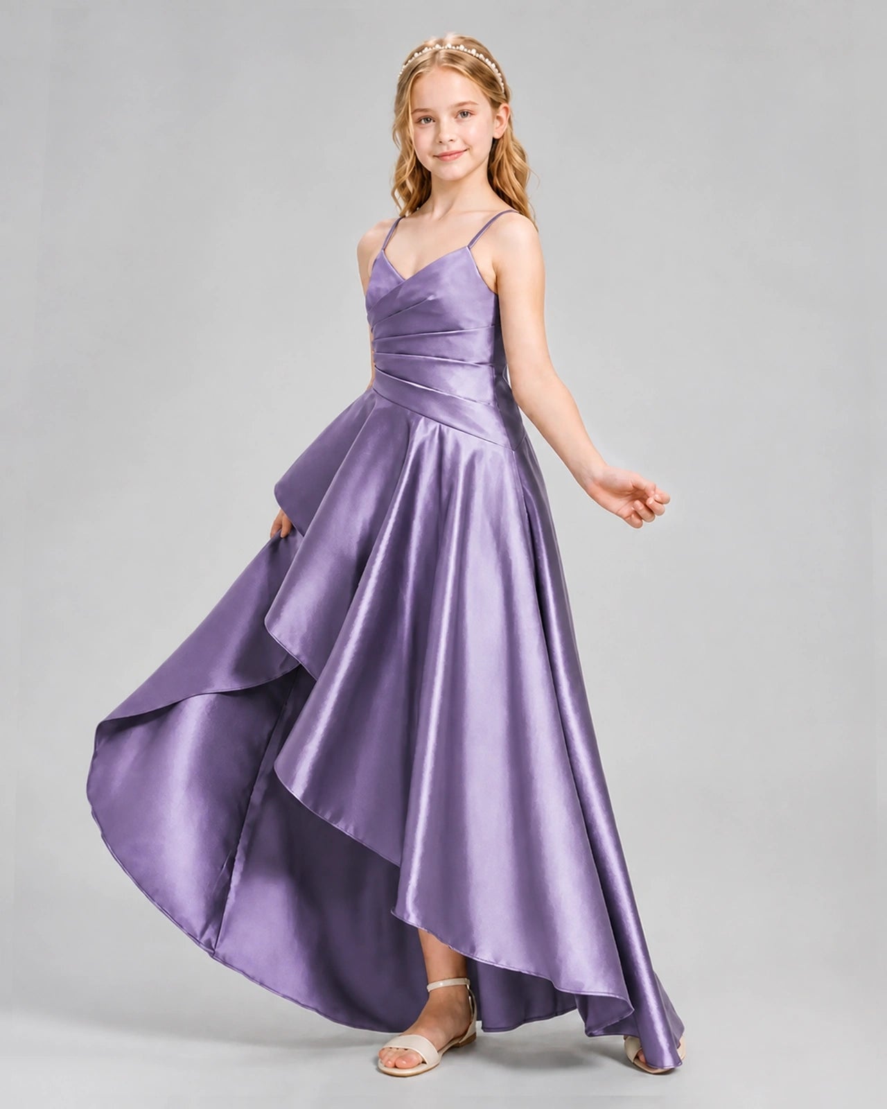 Dideyttawl Junior Bridesmaid Dress with High-Low Skirt and Satin Ruched Bodice