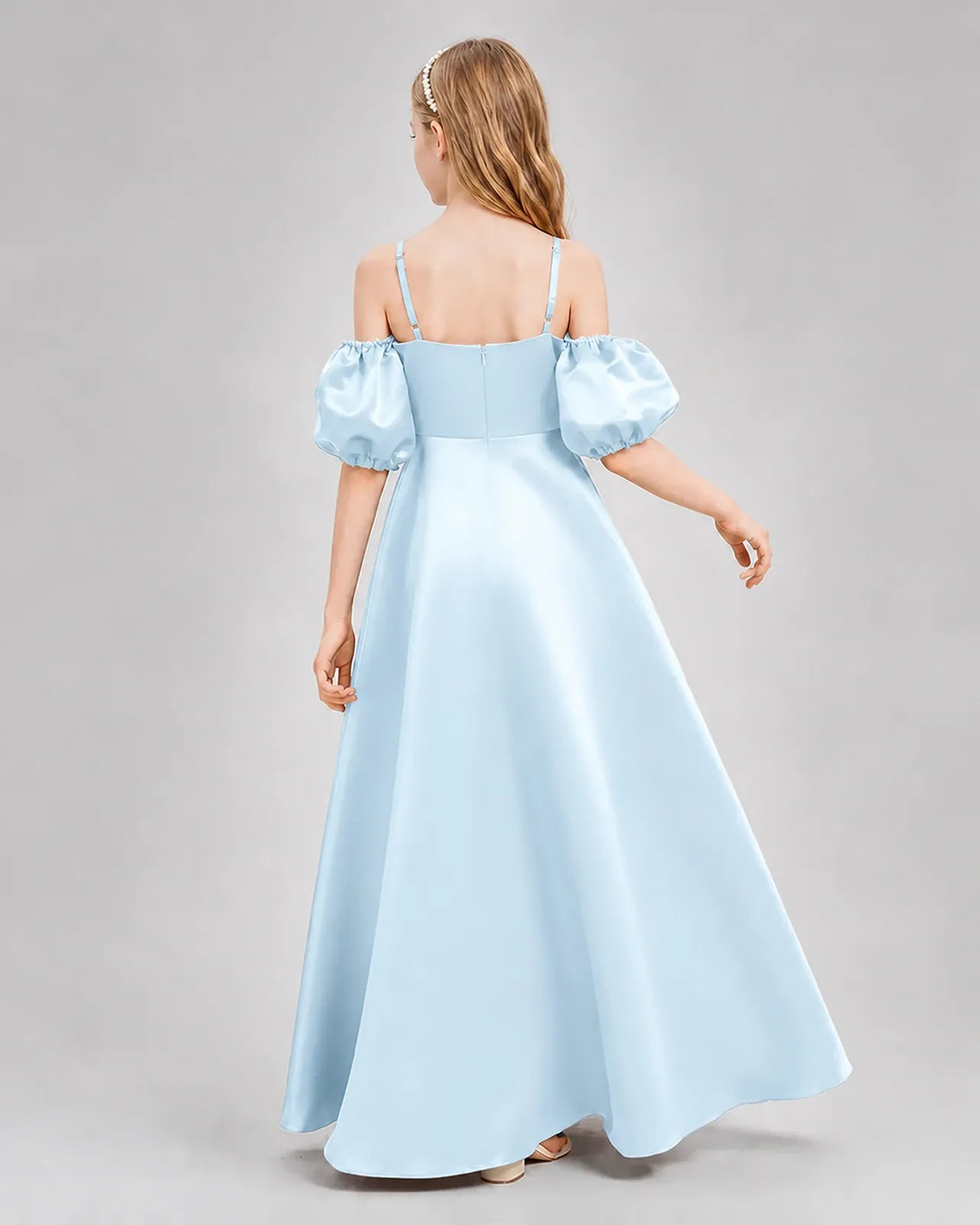 Baby Blue Satin A-line Junior Bridesmaid Dress Back View