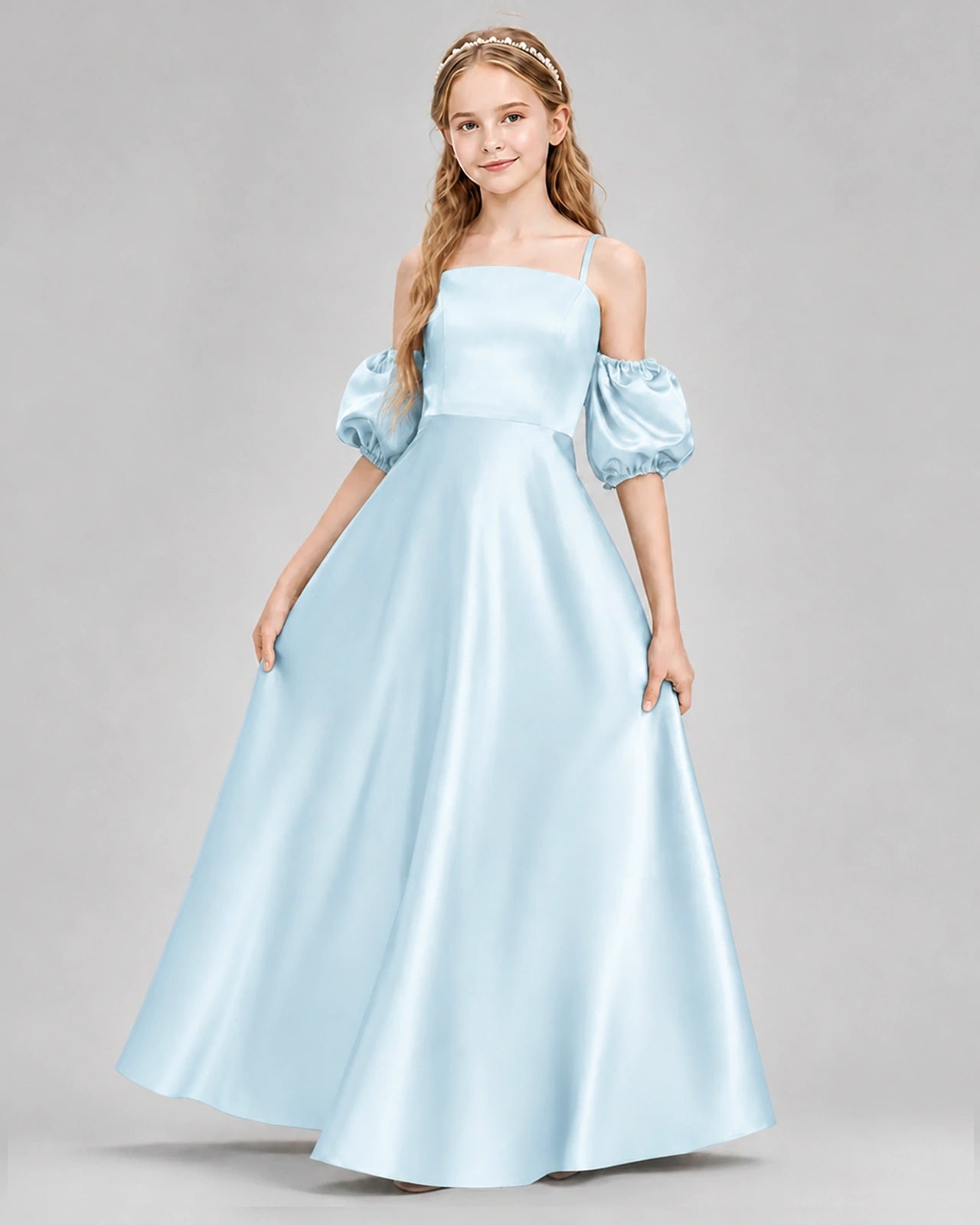 Dideyttawl Junior Bridesmaid Dress with Puff Sleeves and A-Line Satin Skirt Main image