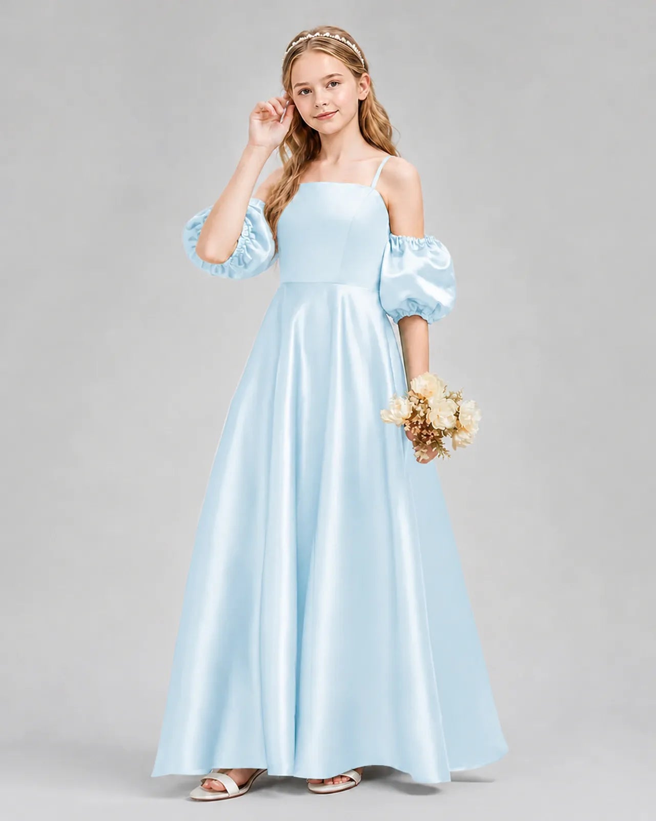 Baby Blue Satin A-line Junior Bridesmaid Dress Front View