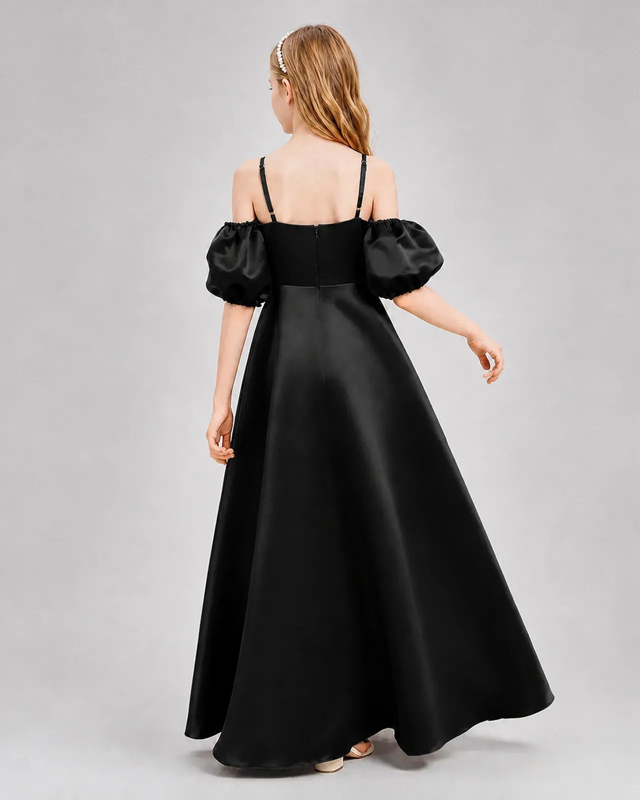 Black Satin A-line Junior Bridesmaid Dress Back View