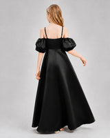 Black Satin A-line Junior Bridesmaid Dress Back View