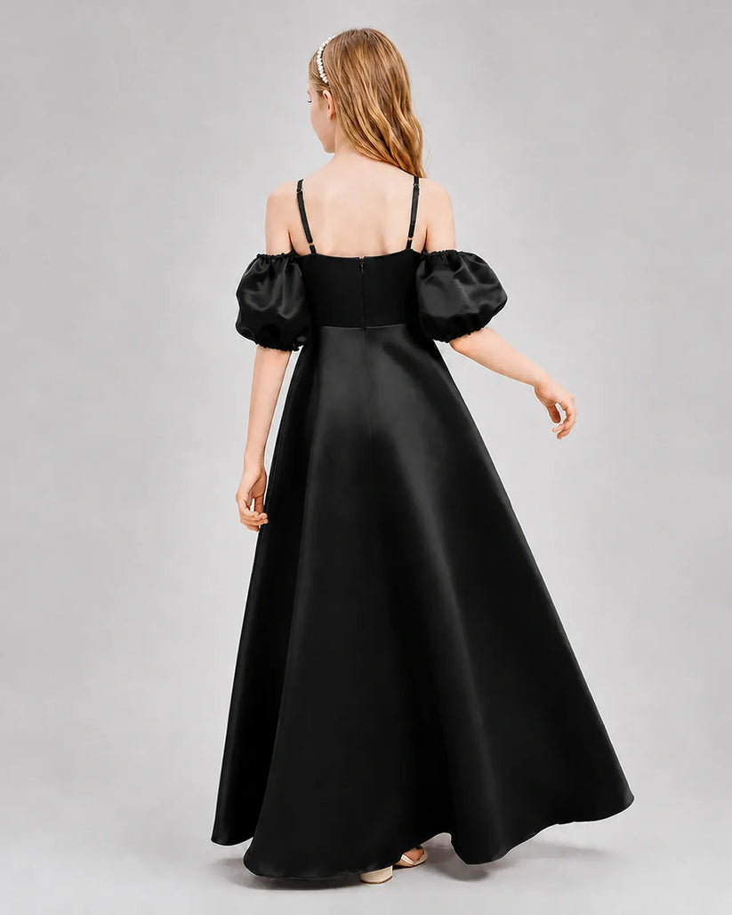 Black Satin A-line Junior Bridesmaid Dress Back View