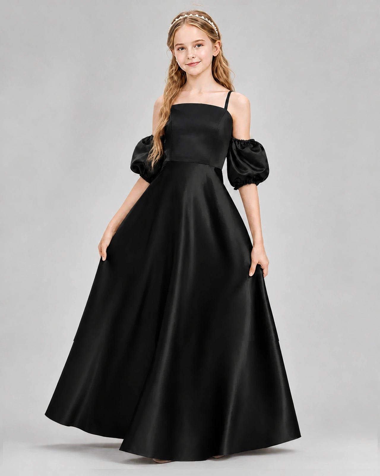 Dideyttawl Junior Bridesmaid Dress with Puff Sleeves and A-Line Satin Skirt
