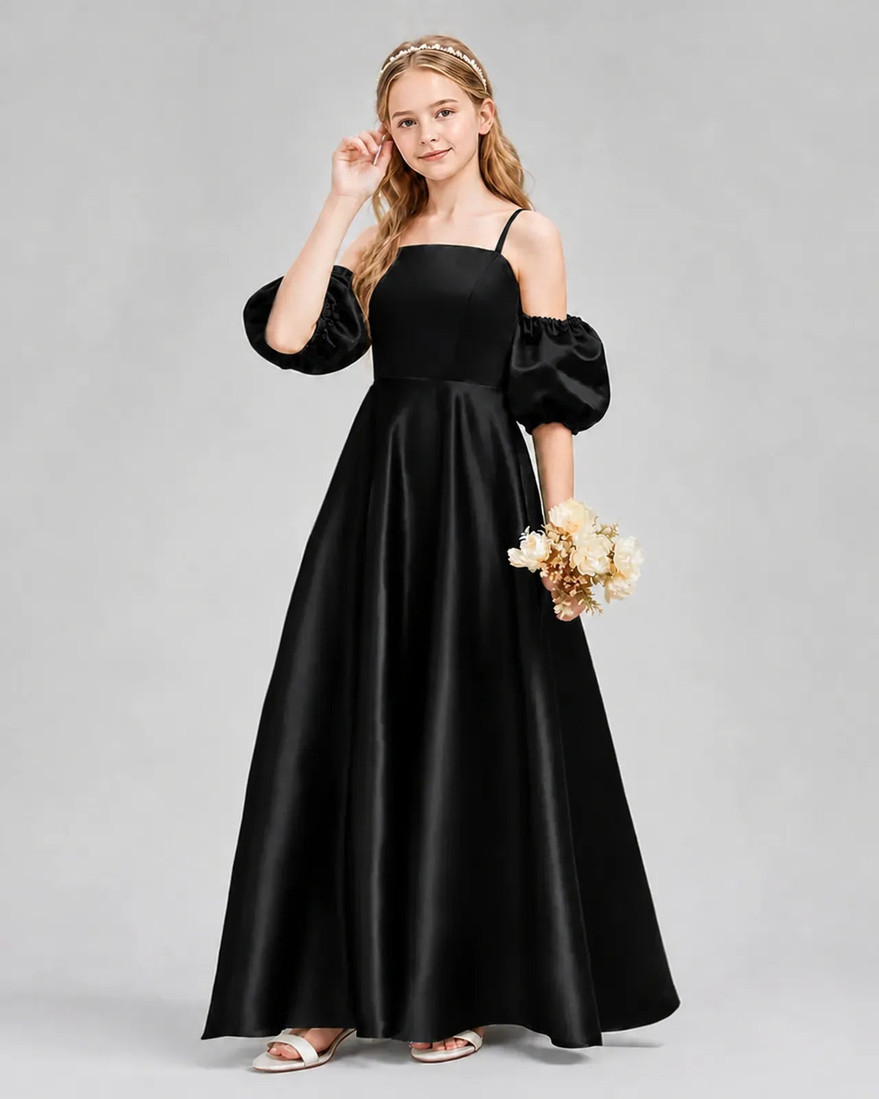 Black Satin A-line Junior Bridesmaid Dress Front View