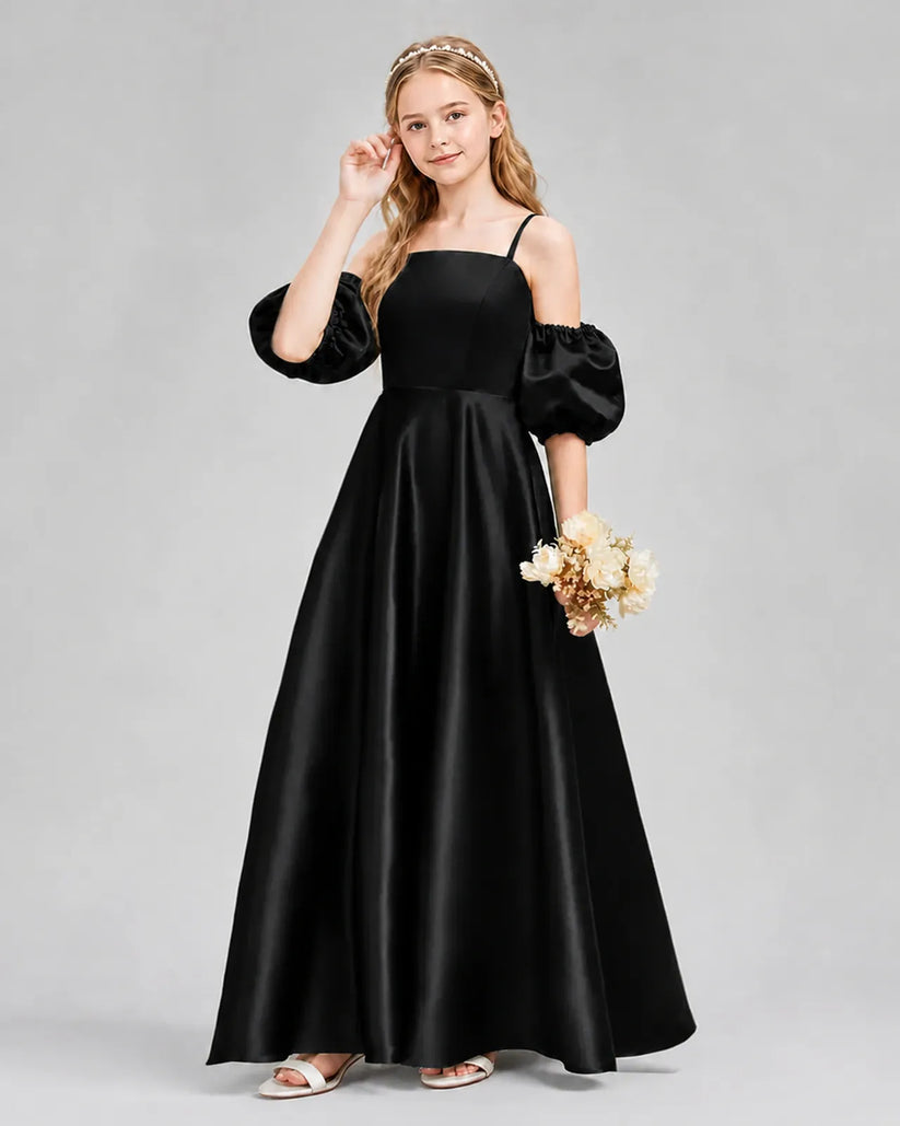 Black Satin A-line Junior Bridesmaid Dress Front View