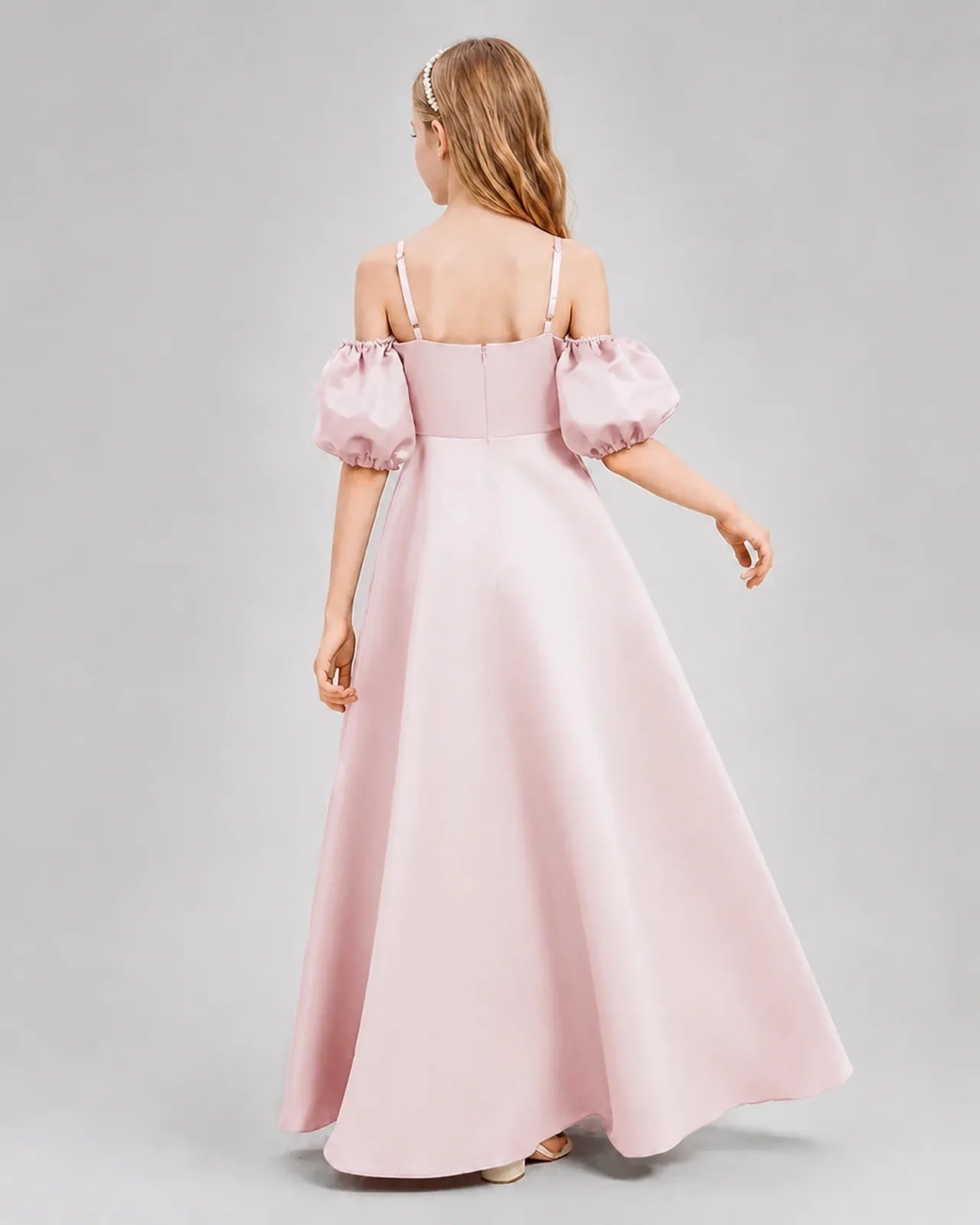 Blush Pink Satin A-line Junior Bridesmaid Dress Back View