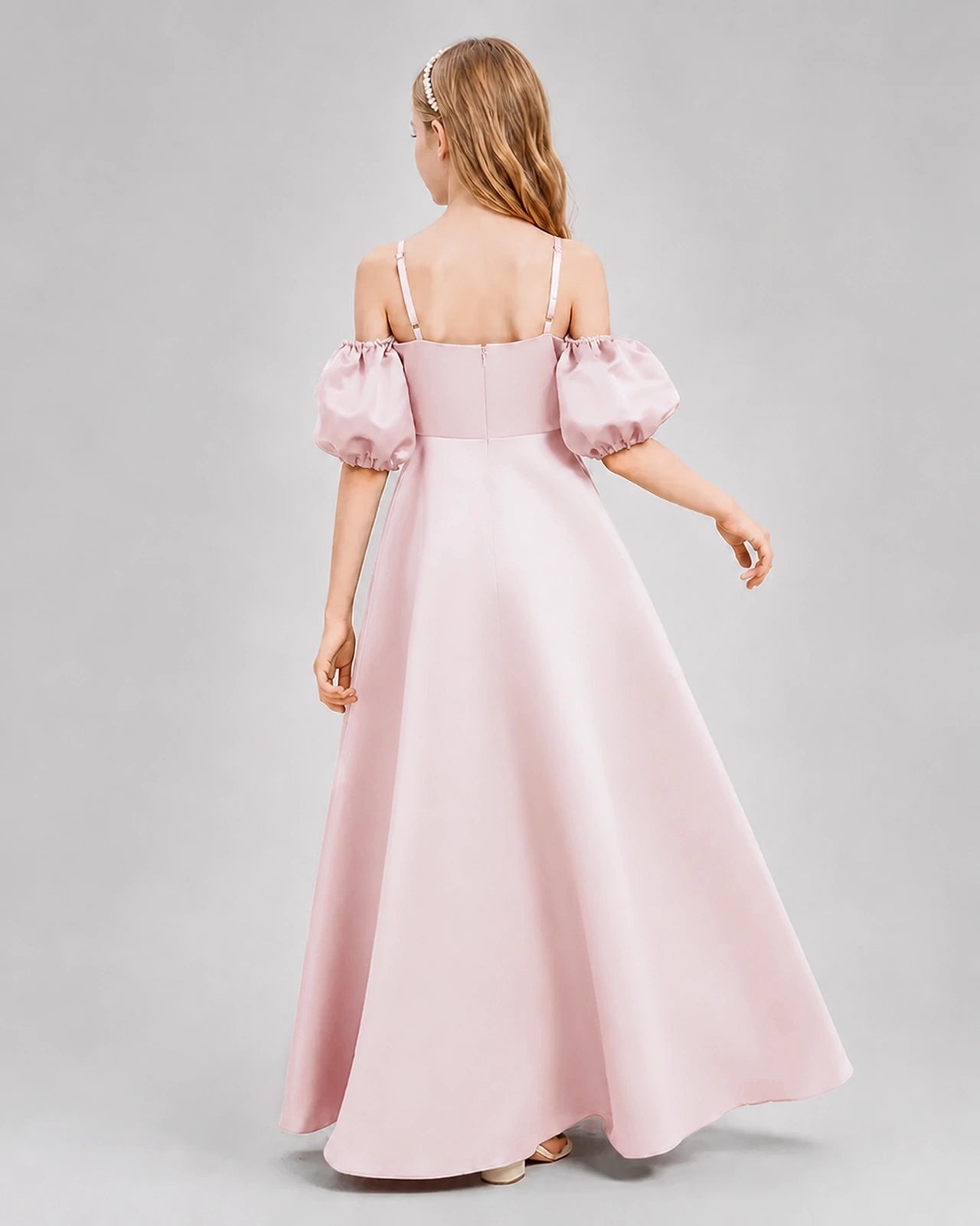 Dideyttawl Junior Bridesmaid Dress with Puff Sleeves and A-Line Satin Skirt