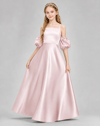 Blush Pink Satin A-line Junior Bridesmaid Dress Front View