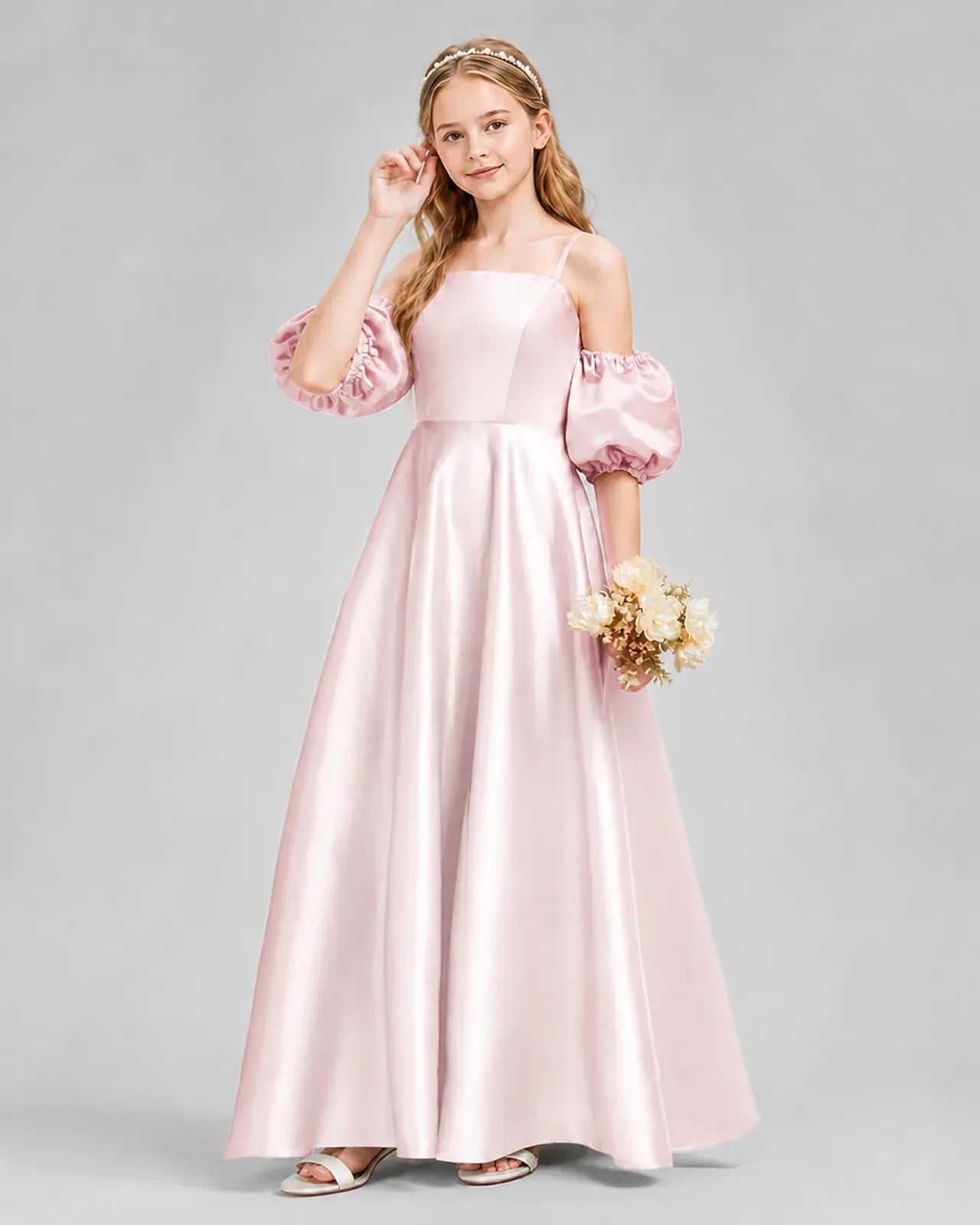 Blush Pink Satin A-line Junior Bridesmaid Dress Front View