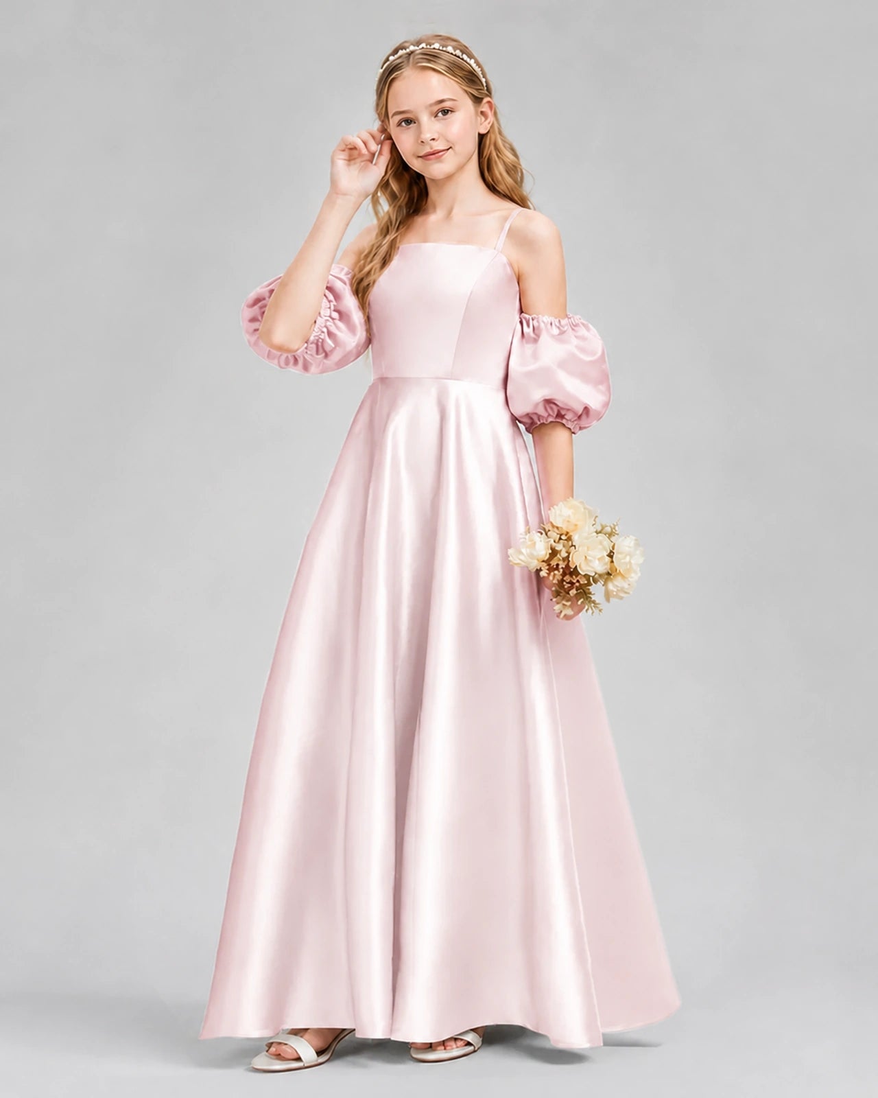 Dideyttawl Junior Bridesmaid Dress with Puff Sleeves and A-Line Satin Skirt