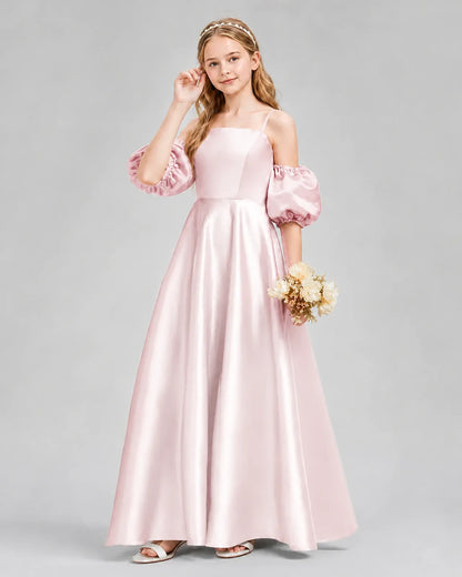 Blush Pink Satin A-line Junior Bridesmaid Dress Front View