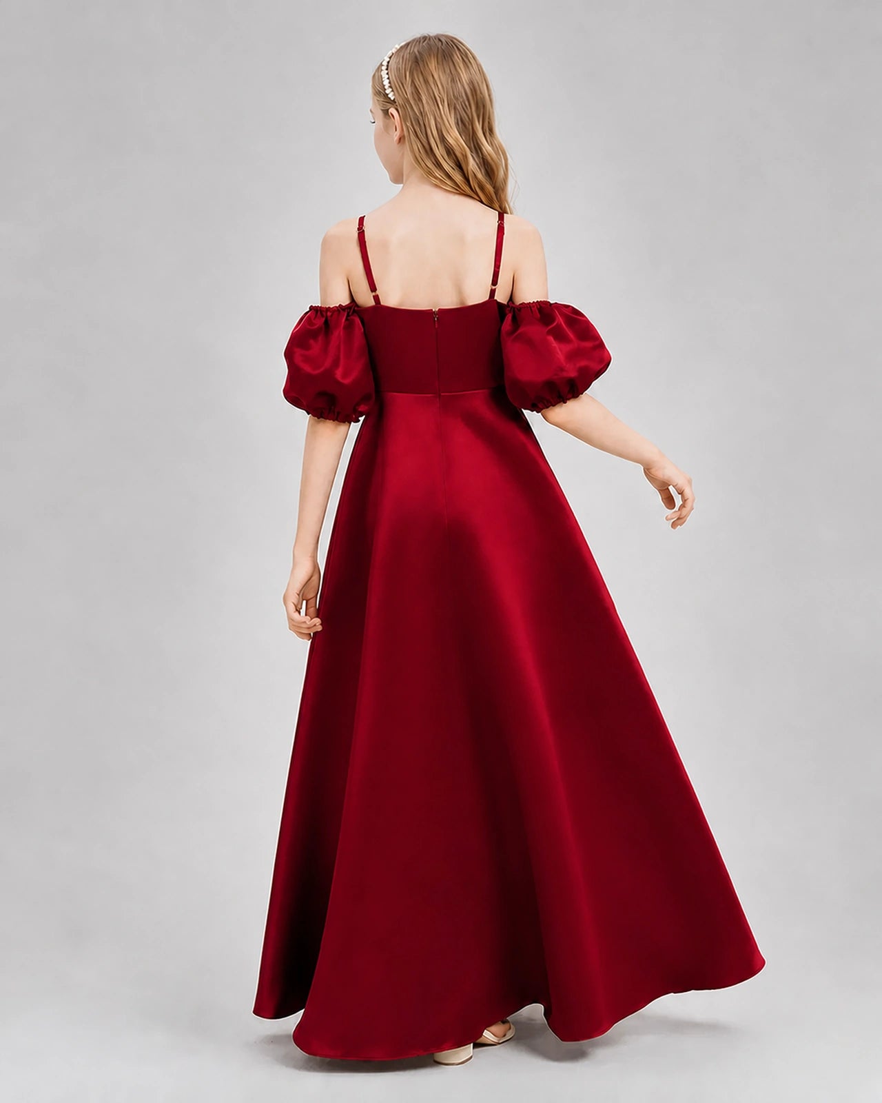 Dideyttawl Junior Bridesmaid Dress with Puff Sleeves and A-Line Satin Skirt