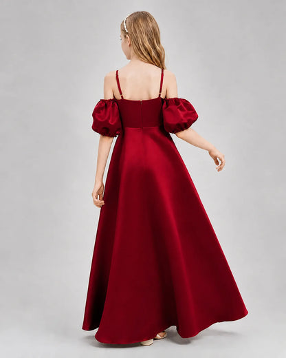 Burgundy Satin A-line Junior Bridesmaid Dress Back View