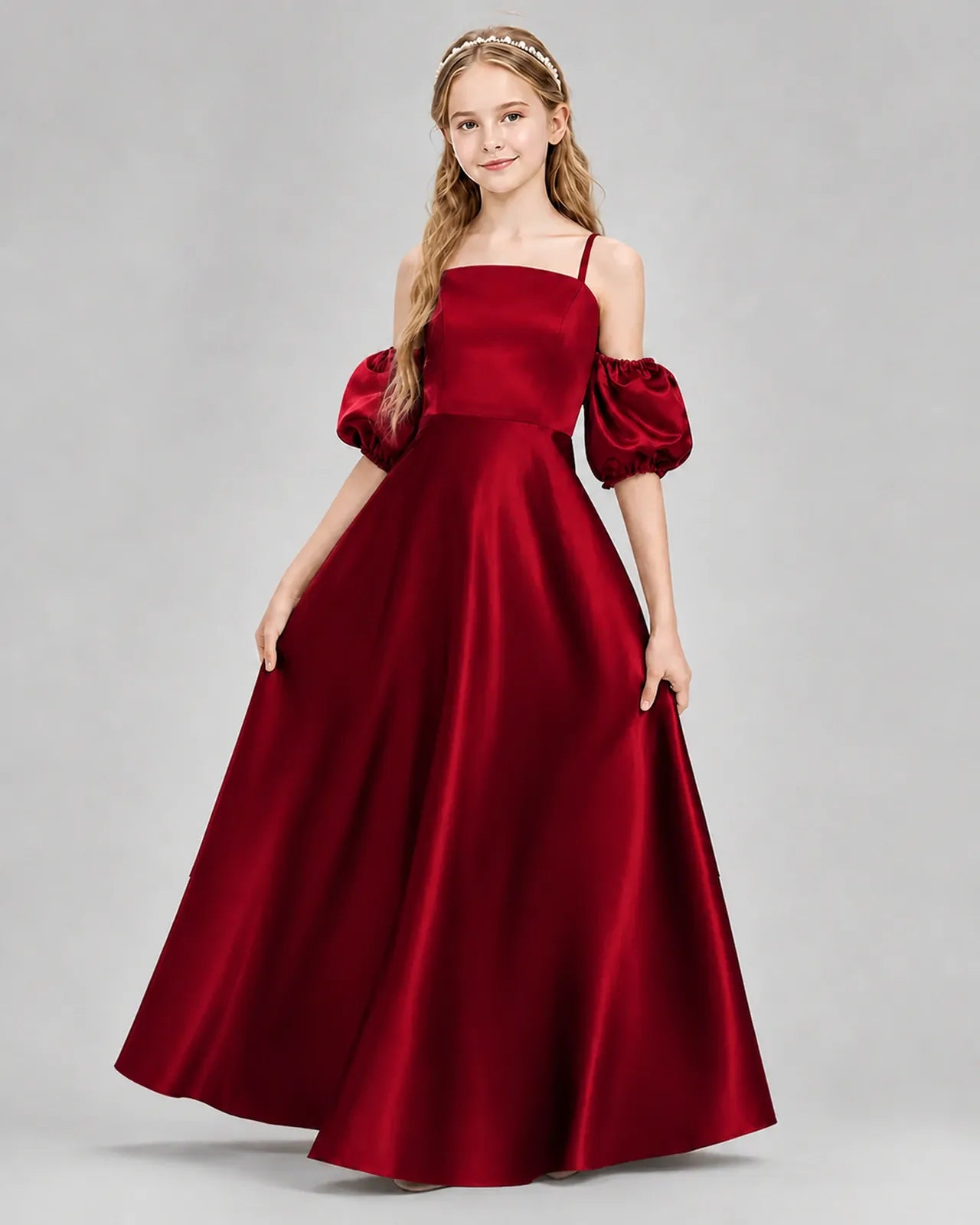 Burgundy Satin A-line Junior Bridesmaid Dress Front View