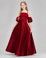 Burgundy Satin A-line Junior Bridesmaid Dress Front View