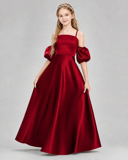 Burgundy Satin A-line Junior Bridesmaid Dress Front View