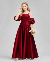 Burgundy Satin A-line Junior Bridesmaid Dress Front View