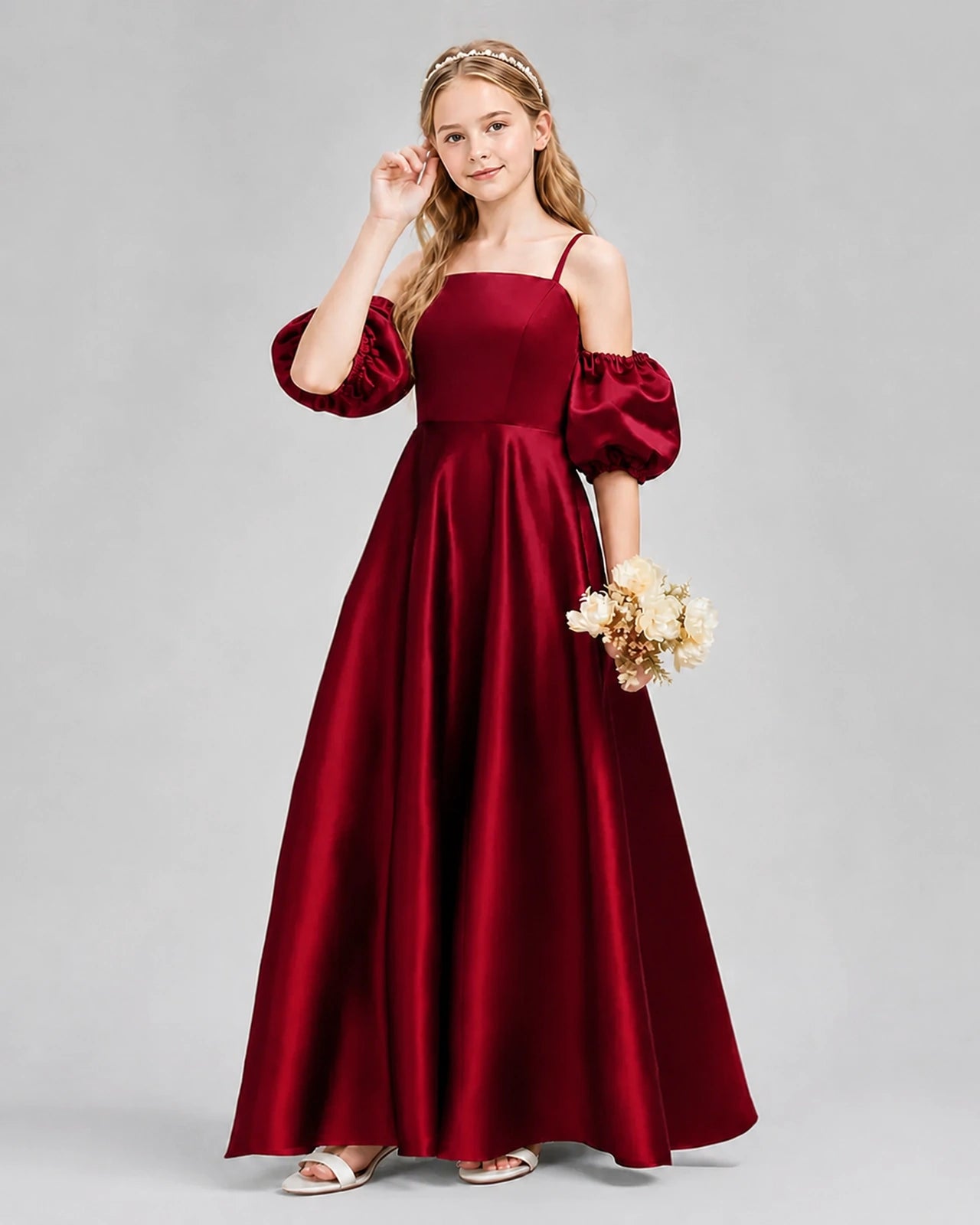 Dideyttawl Junior Bridesmaid Dress with Puff Sleeves and A-Line Satin Skirt