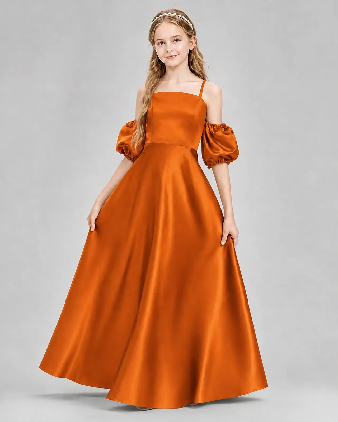Burnt Orange Satin A-line Junior Bridesmaid Dress Front View