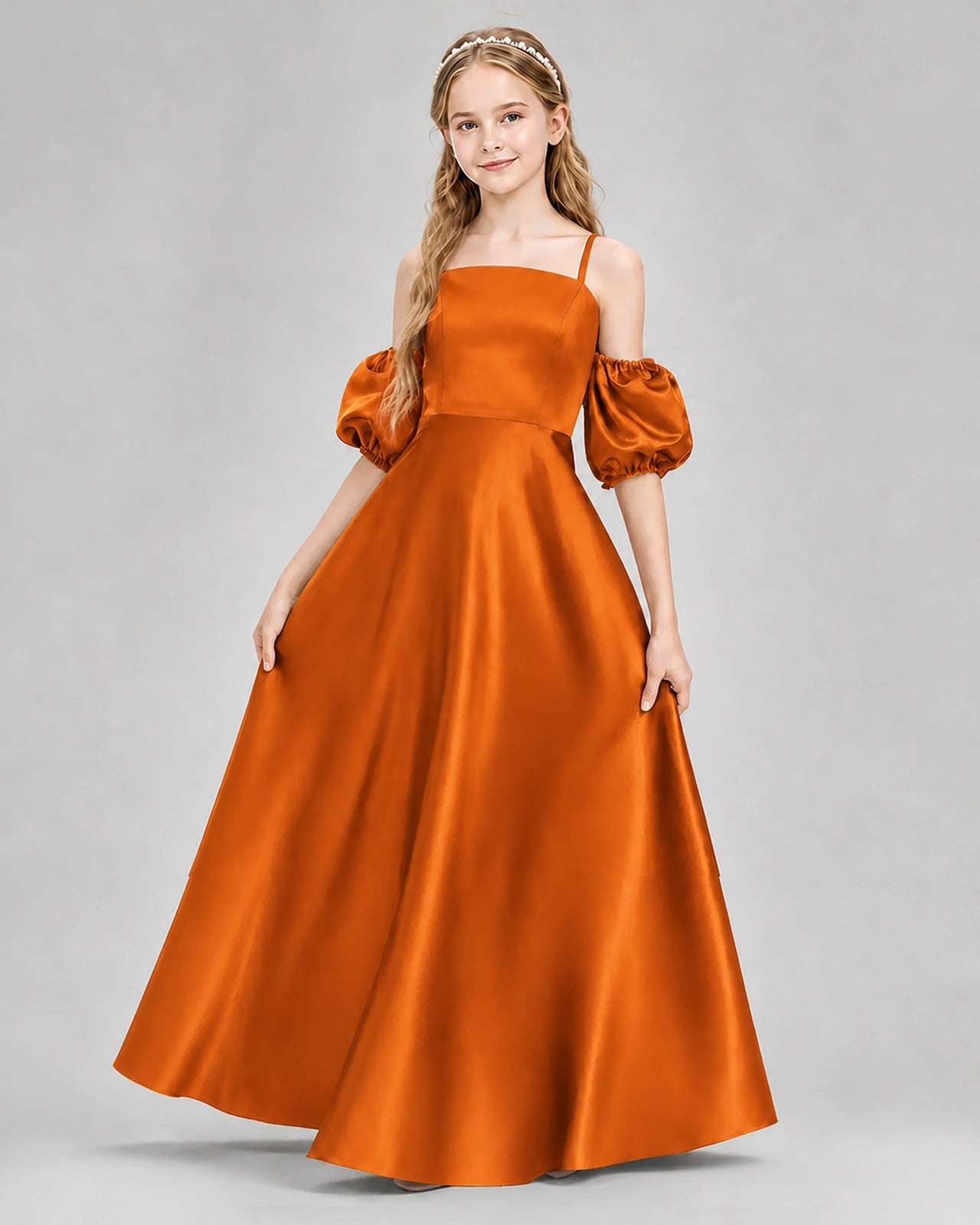Dideyttawl Junior Bridesmaid Dress with Puff Sleeves and A-Line Satin Skirt