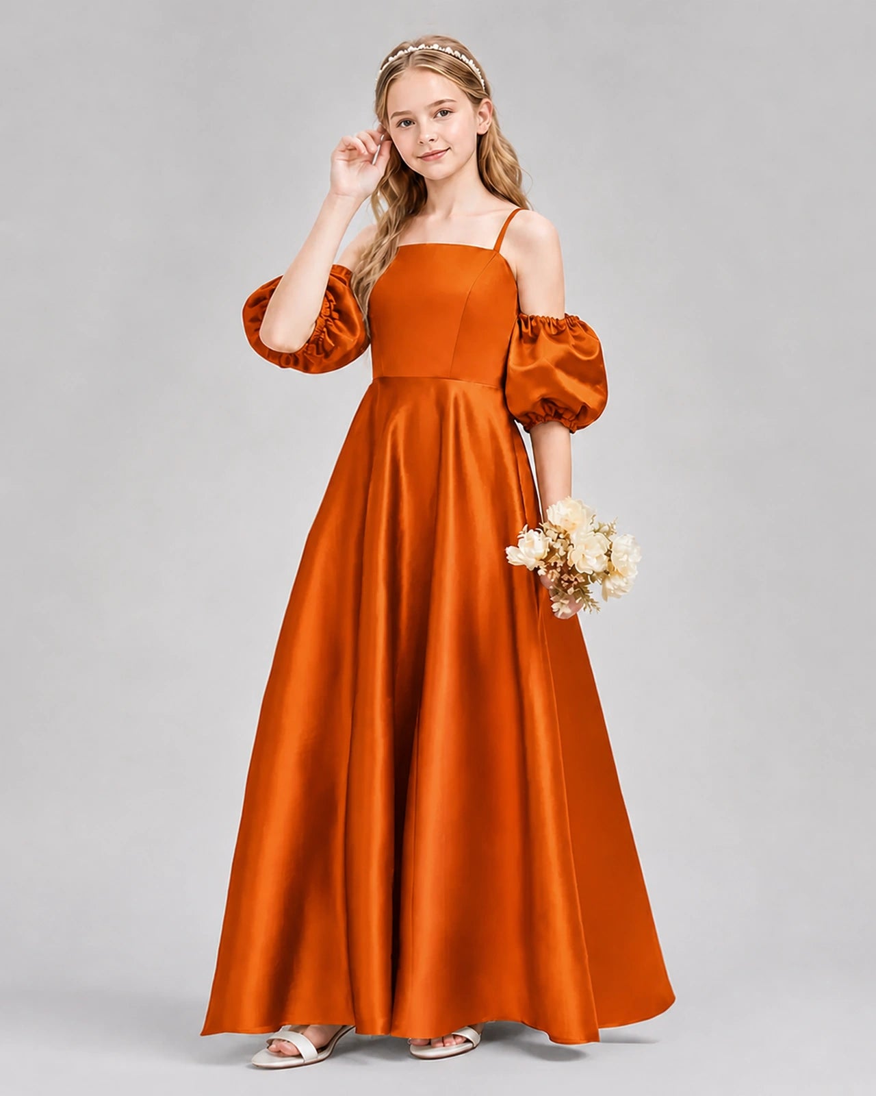 Dideyttawl Junior Bridesmaid Dress with Puff Sleeves and A-Line Satin Skirt