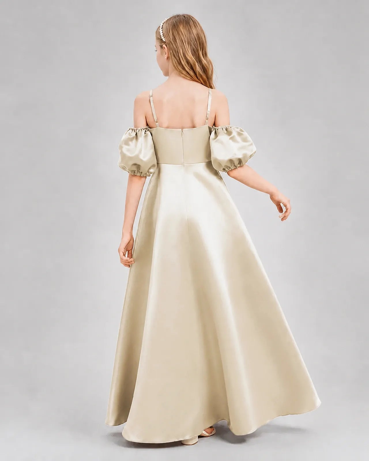 Champagne Satin A-line Junior Bridesmaid Dress Back View