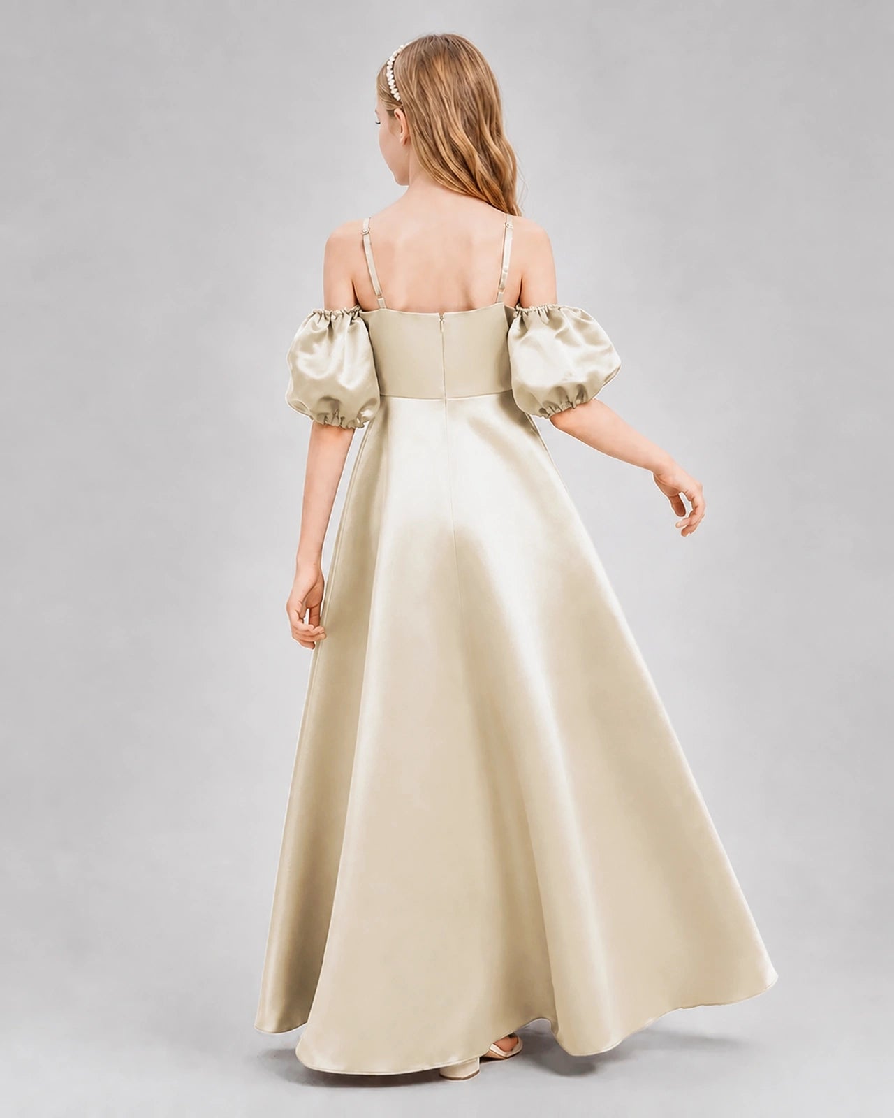Dideyttawl Junior Bridesmaid Dress with Puff Sleeves and A-Line Satin Skirt
