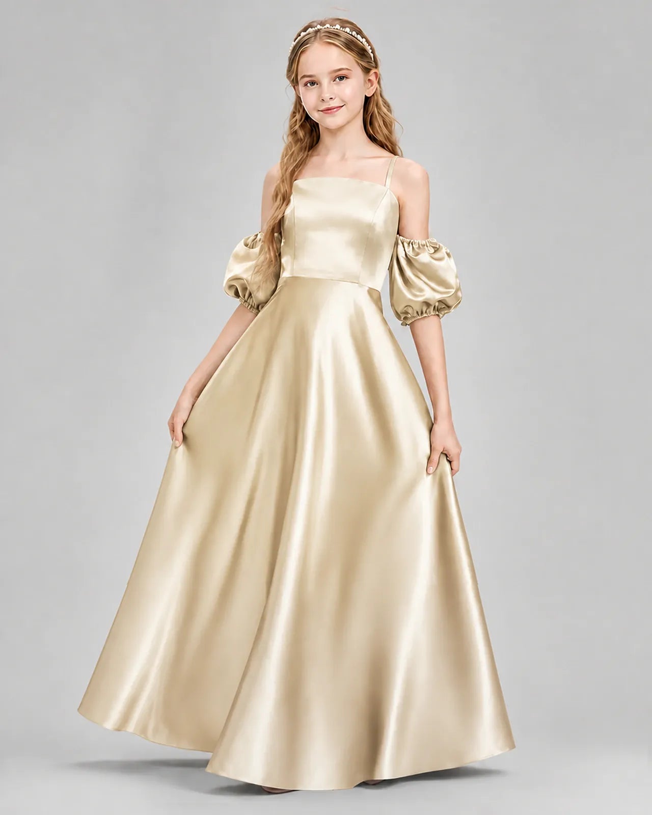 Champagne Satin A-line Junior Bridesmaid Dress Front View