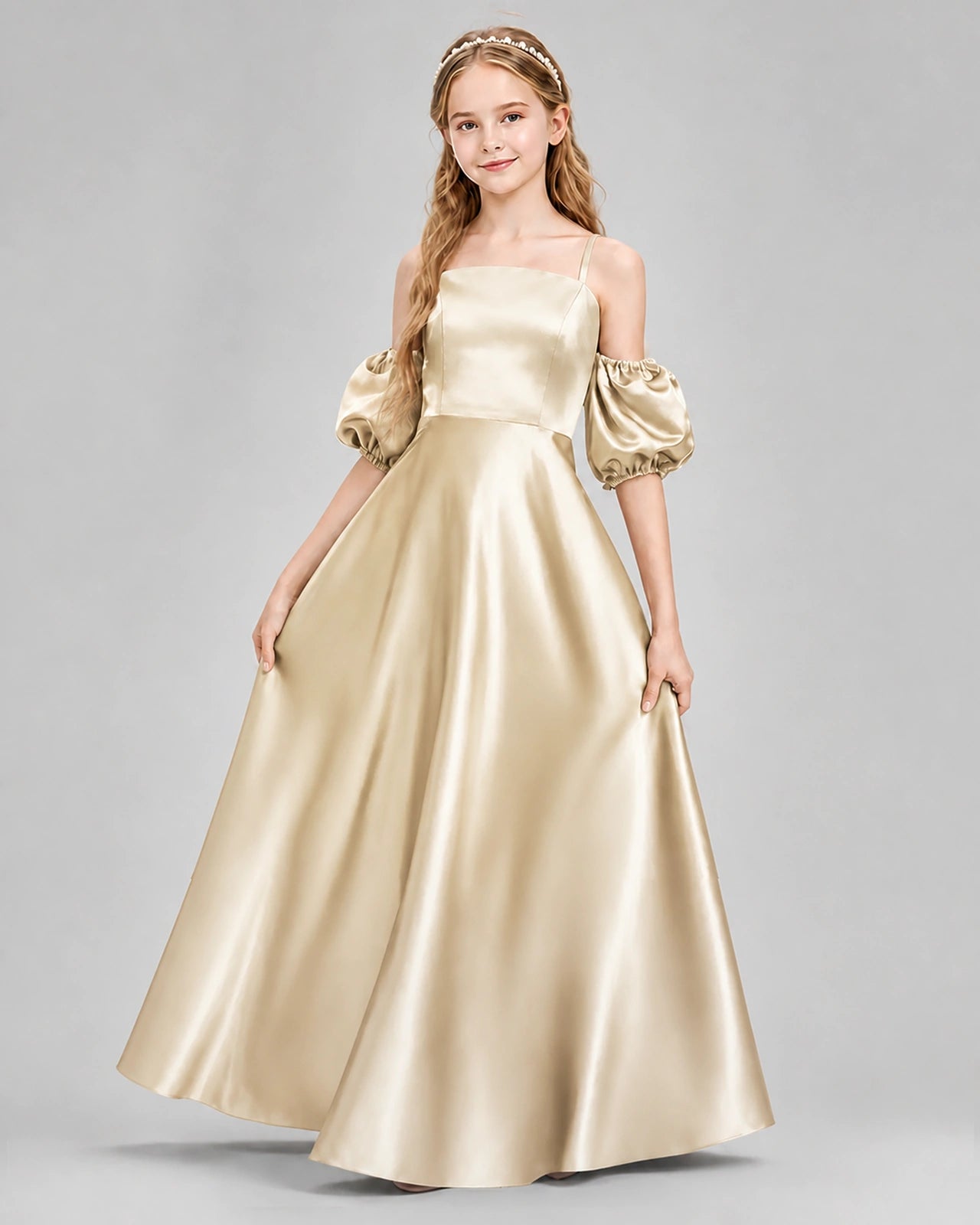 Dideyttawl Junior Bridesmaid Dress with Puff Sleeves and A-Line Satin Skirt