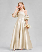 Champagne Satin A-line Junior Bridesmaid Dress Front View