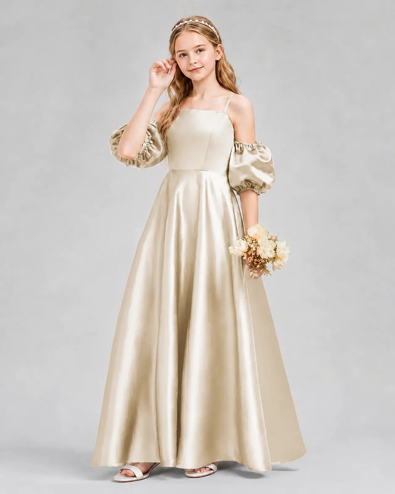 Champagne Satin A-line Junior Bridesmaid Dress Front View