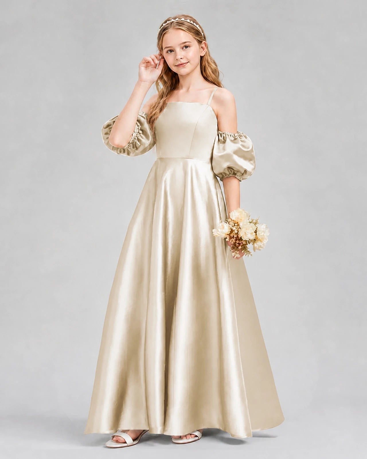 Dideyttawl Junior Bridesmaid Dress with Puff Sleeves and A-Line Satin Skirt