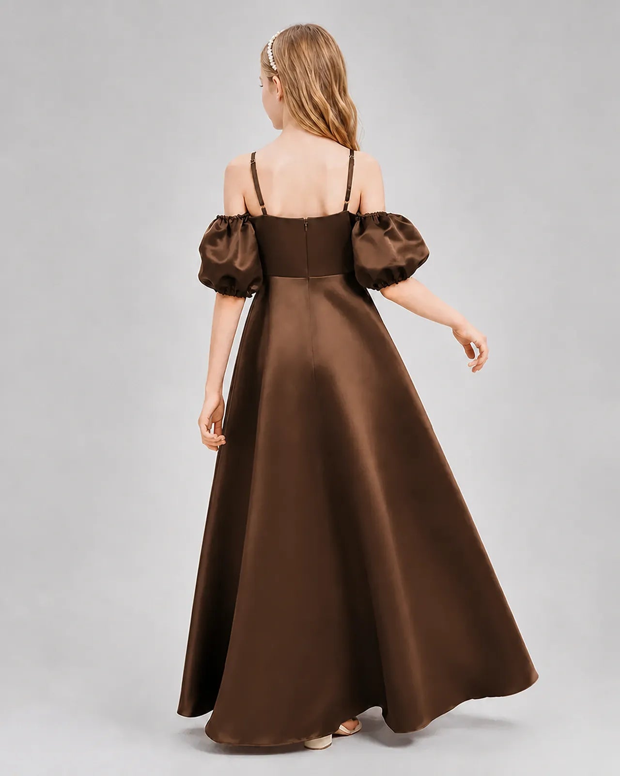 Chocolate Satin A-line Junior Bridesmaid Dress Back View