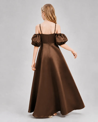 Chocolate Satin A-line Junior Bridesmaid Dress Back View