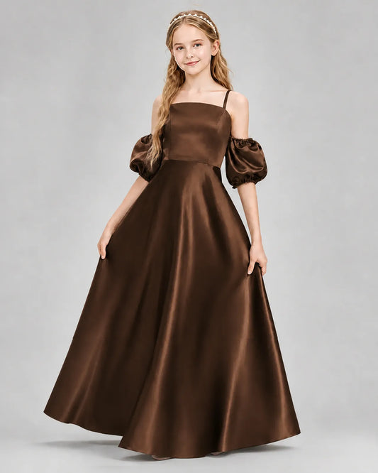 Chocolate Satin A-line Junior Bridesmaid Dress Front View