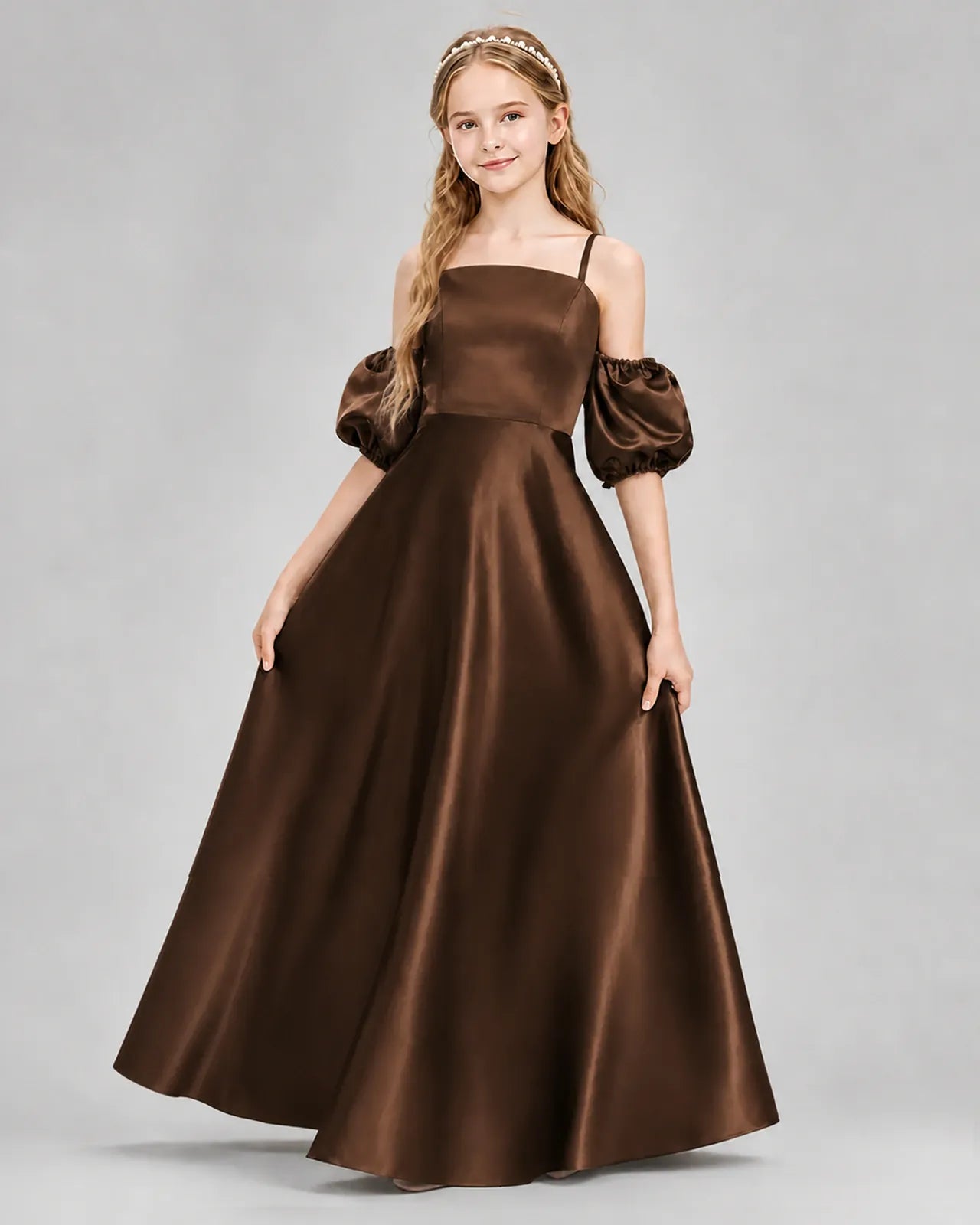 Chocolate Satin A-line Junior Bridesmaid Dress Front View