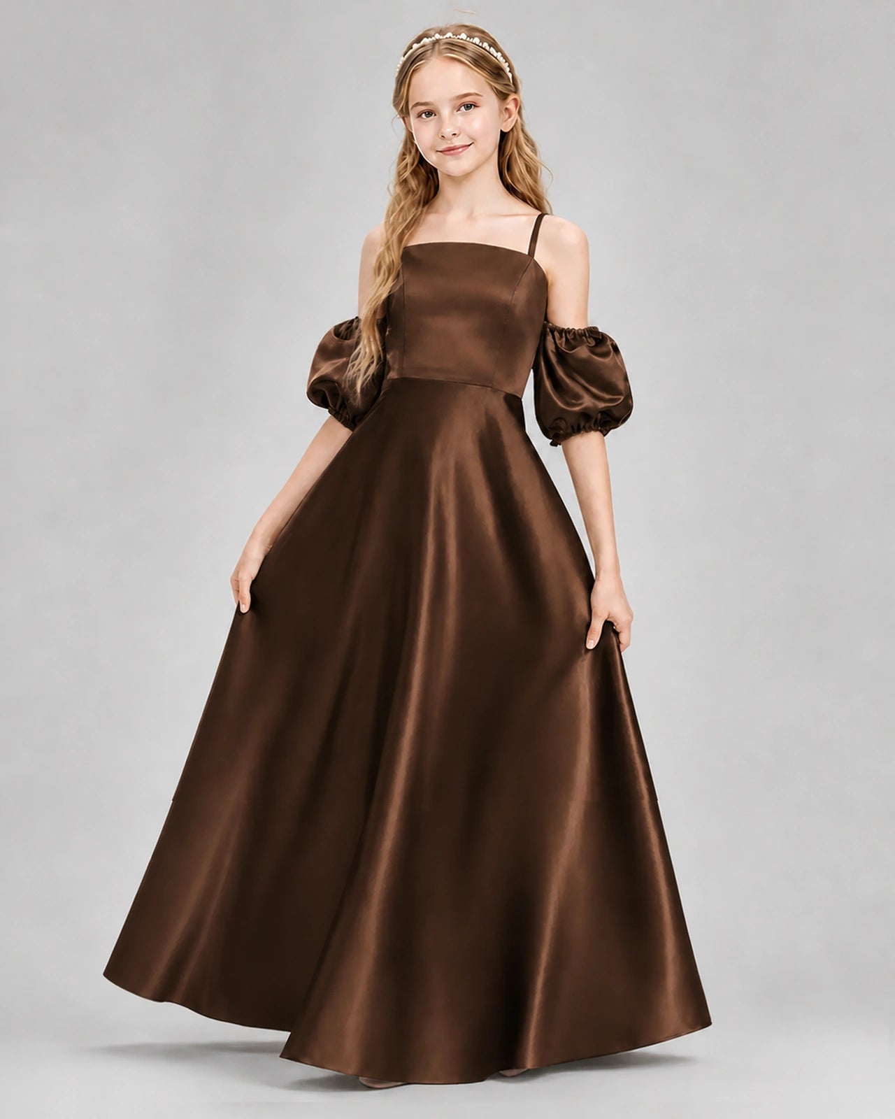 Dideyttawl Junior Bridesmaid Dress with Puff Sleeves and A-Line Satin Skirt