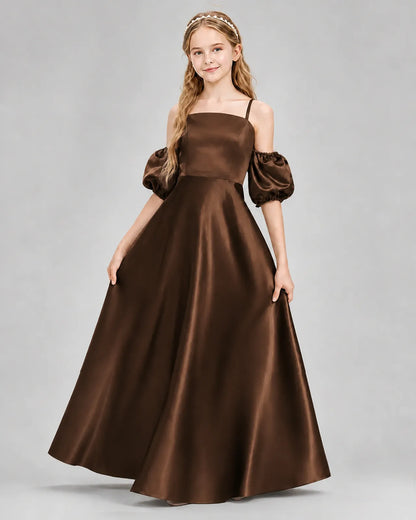 Chocolate Satin A-line Junior Bridesmaid Dress Front View