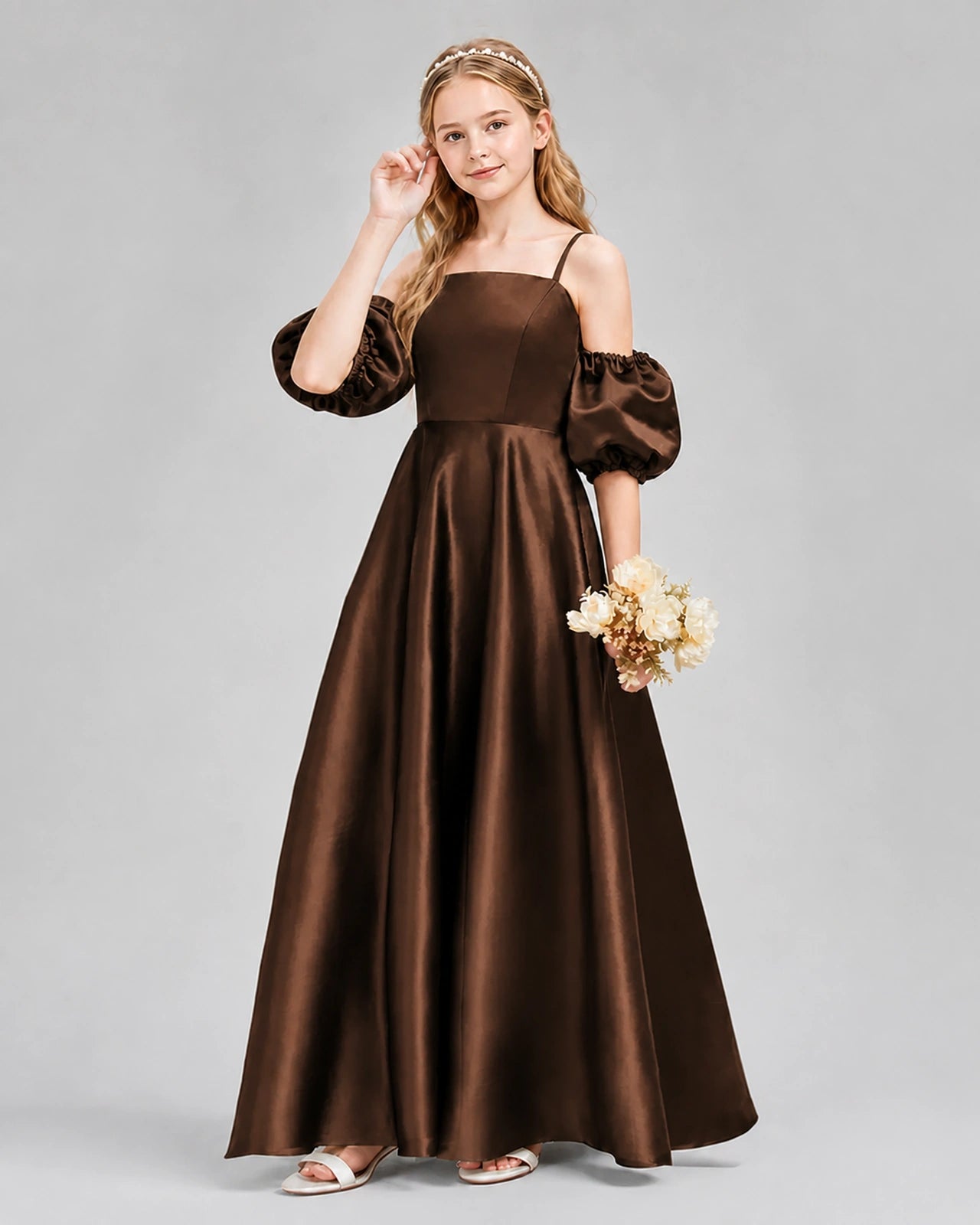 Dideyttawl Junior Bridesmaid Dress with Puff Sleeves and A-Line Satin Skirt
