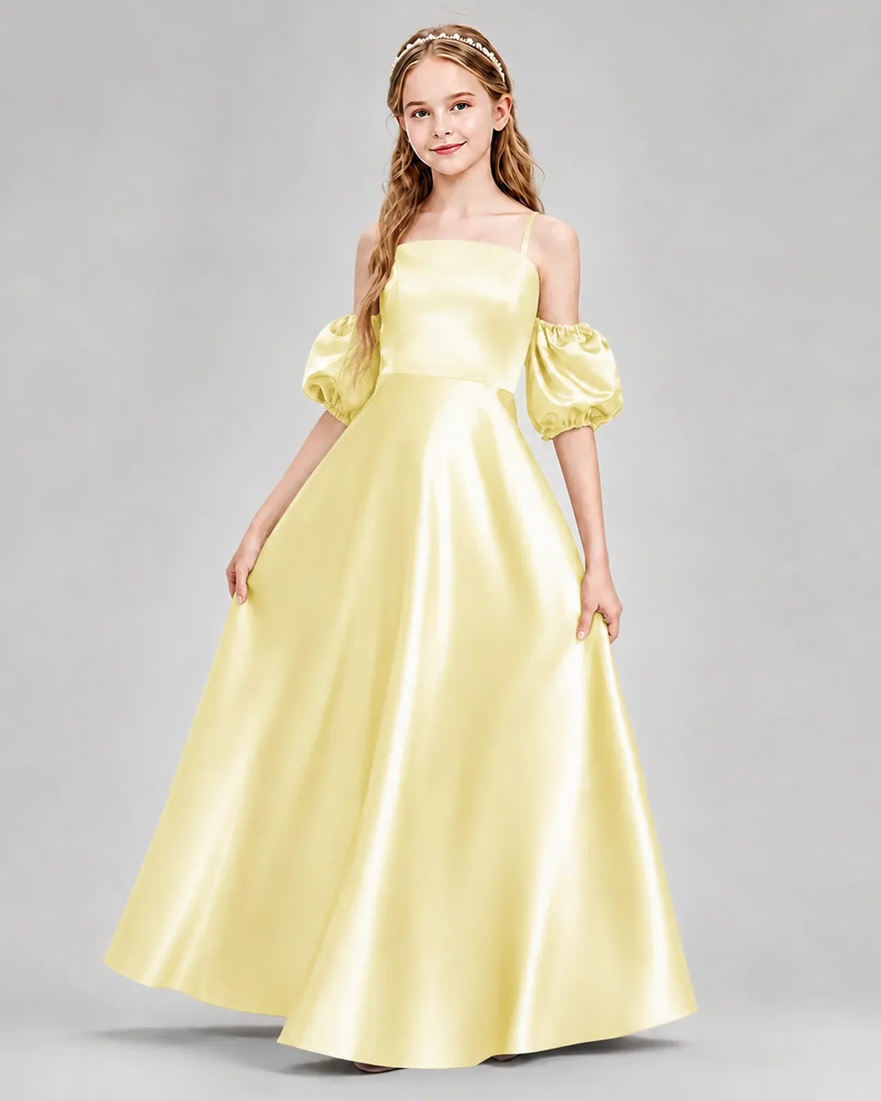 Daffodil Satin A-line Junior Bridesmaid Dress Front View