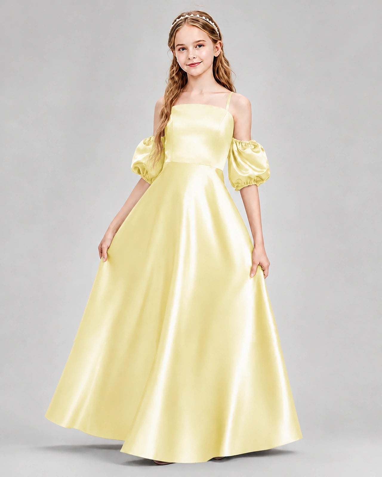 Dideyttawl Junior Bridesmaid Dress with Puff Sleeves and A-Line Satin Skirt