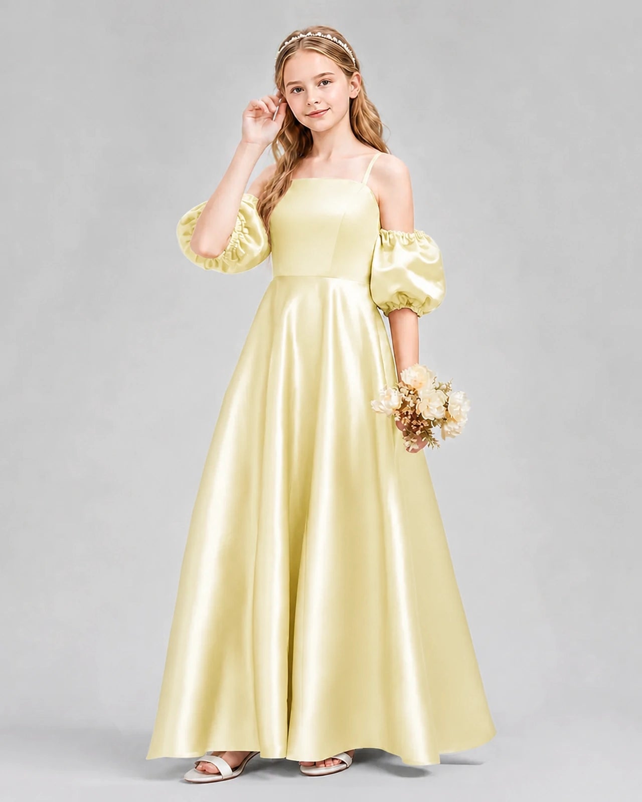 Dideyttawl Junior Bridesmaid Dress with Puff Sleeves and A-Line Satin Skirt