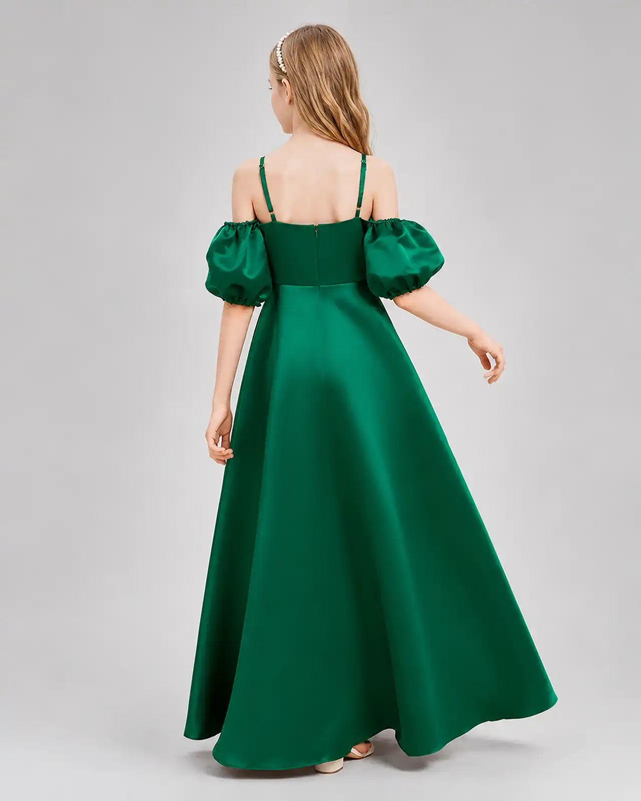Dideyttawl Junior Bridesmaid Dress with Puff Sleeves and A-Line Satin Skirt