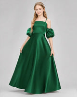 Dark Green Satin A-line Junior Bridesmaid Dress Front View