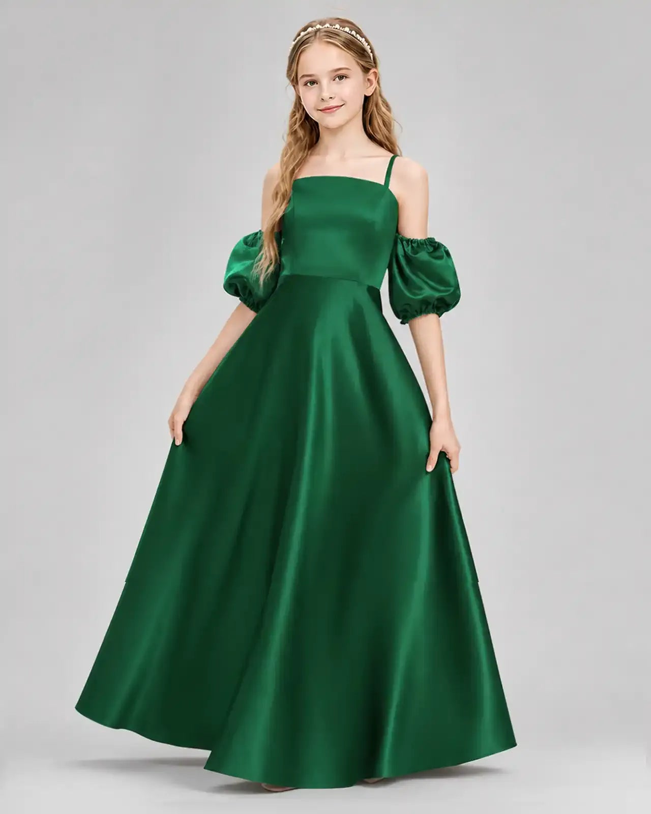 Dark Green Satin A-line Junior Bridesmaid Dress Front View