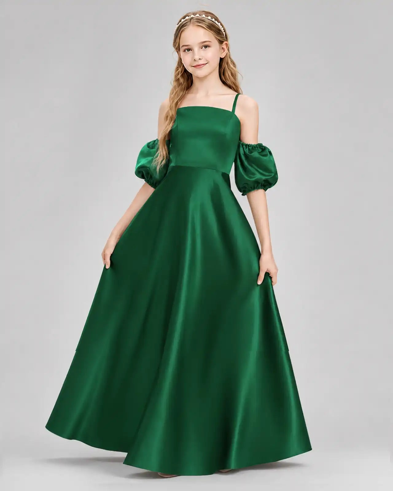 Dideyttawl Junior Bridesmaid Dress with Puff Sleeves and A-Line Satin Skirt