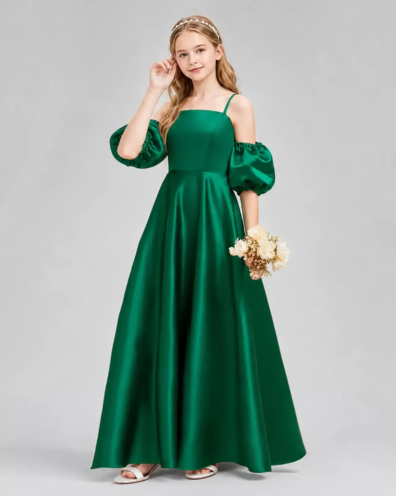 Dark Green Satin A-line Junior Bridesmaid Dress Front View