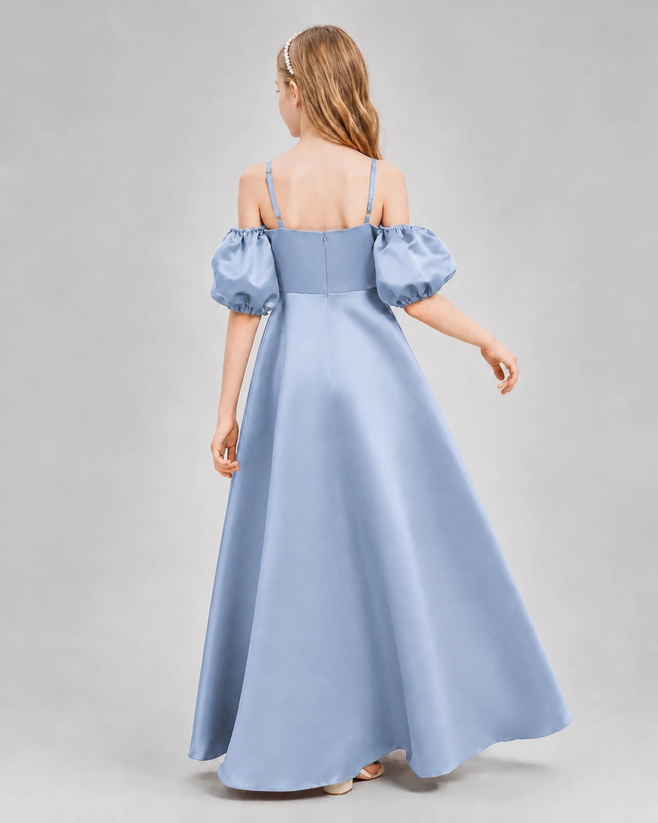 Dideyttawl Junior Bridesmaid Dress with Puff Sleeves and A-Line Satin Skirt