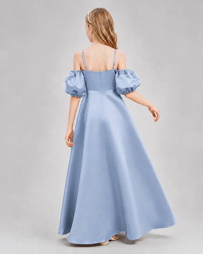 Dusty Blue Satin A-line Junior Bridesmaid Dress Back View